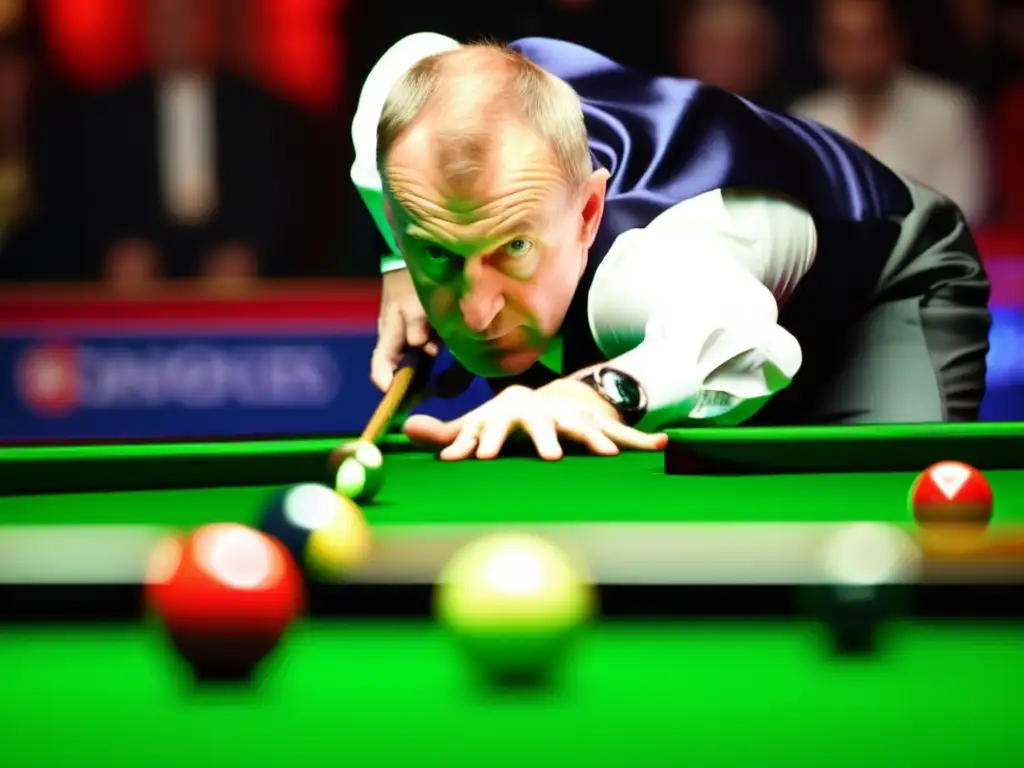 Steve Davis, en los 80s, concentrado en una estrategia en el snooker. La tensión y habilidad se reflejan en su expresión.