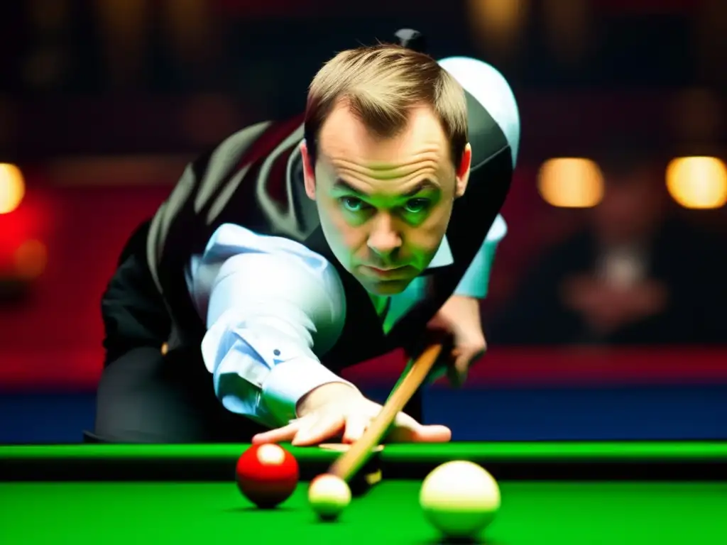 Ali Carter supera adversidades en el snooker, concentrado en un complicado tiro. La atmósfera intensa revela su habilidad y determinación.