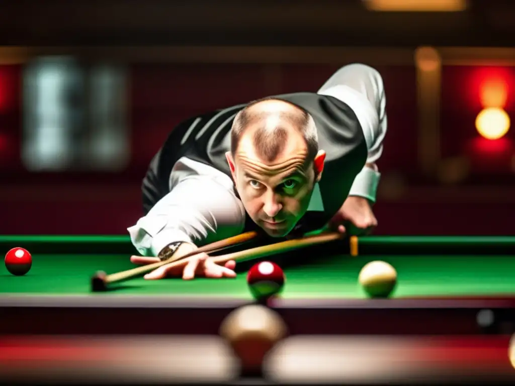 Barry Hawkins concentrado en una precisión excepcional en el snooker, mostrando su habilidad en el juego de élite.