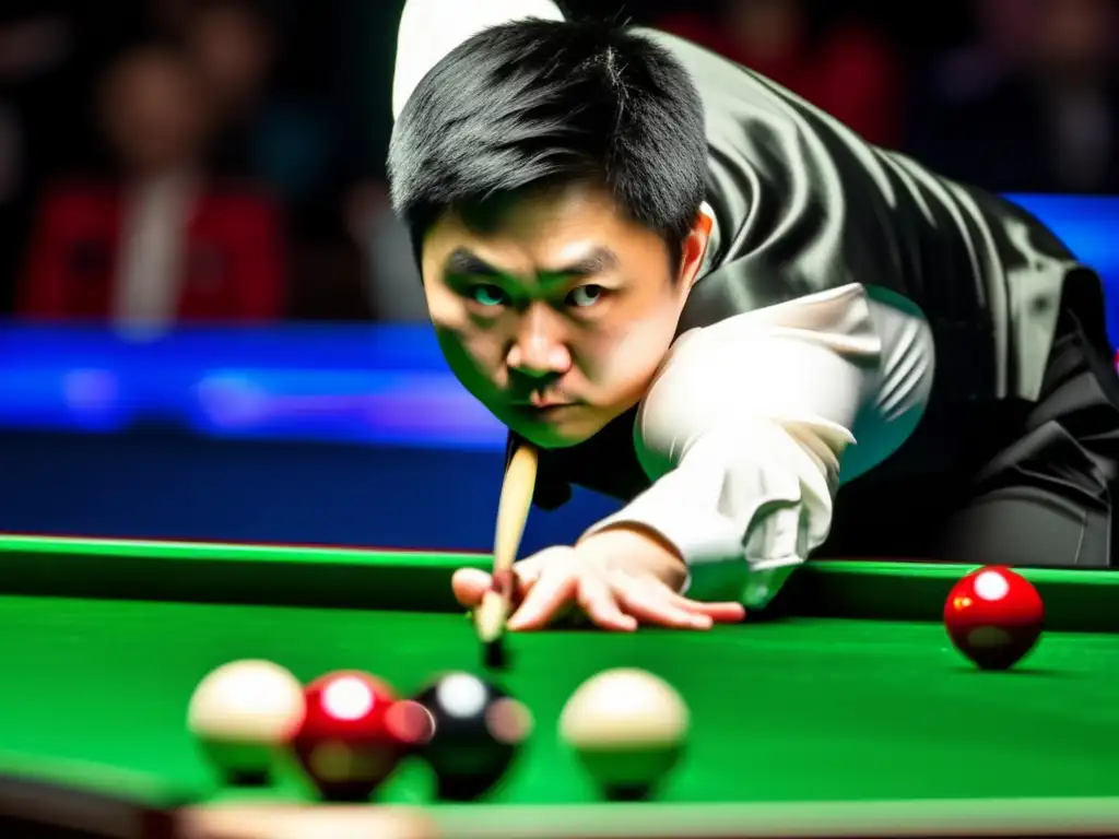 Ding Junhui concentrado en el snooker, mostrando precisión y profesionalismo en el juego.