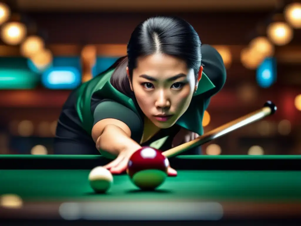 Ga Young Kim, estrella del billar, concentra su mirada en la mesa, rodeada de un ambiente competitivo y expectante.