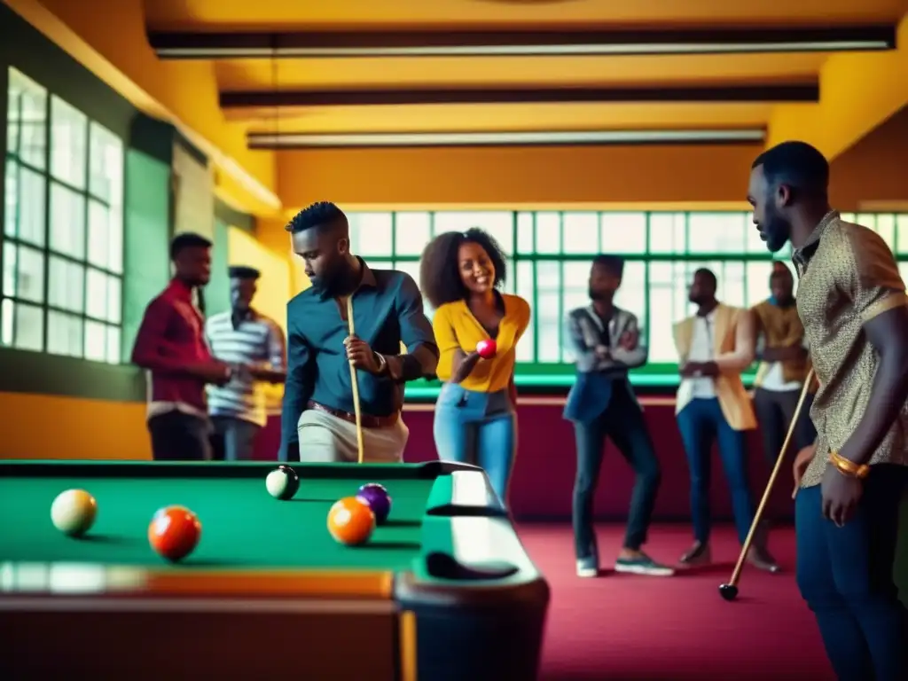 Un grupo animado de jóvenes africanos juega billar en una bulliciosa sala de juegos en África. Formas de jugar billar en África