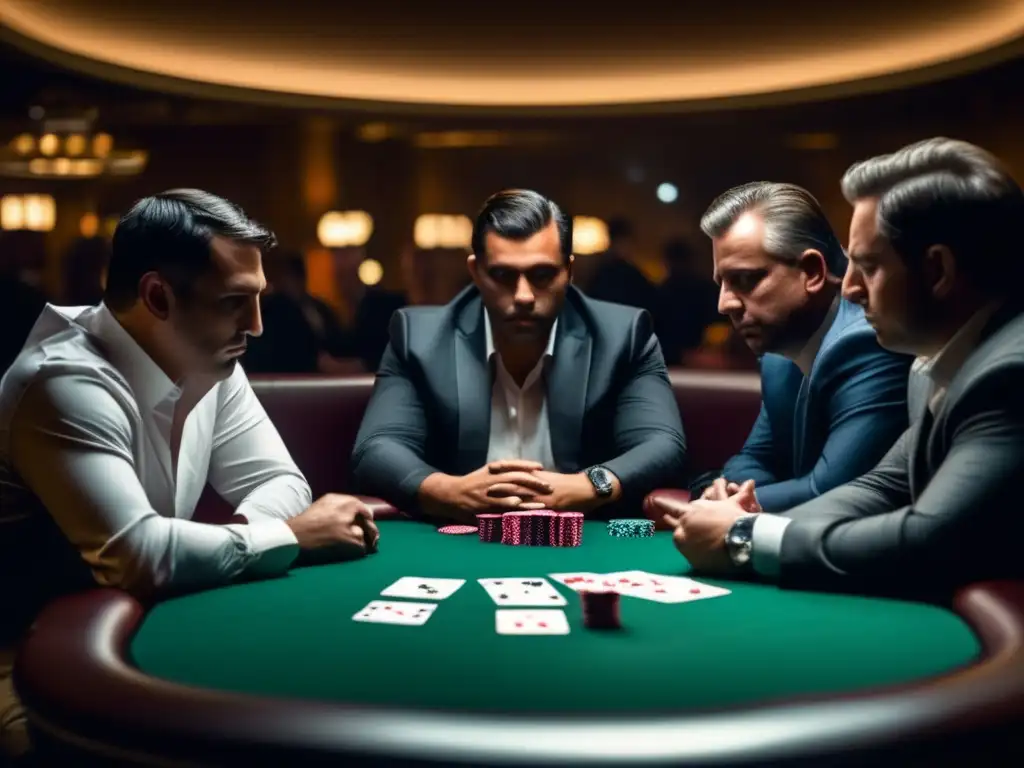 Un grupo de jugadores de póker profesionales concentra sus estrategias avanzadas de planificación de mesa en una atmósfera tensa y competitiva.