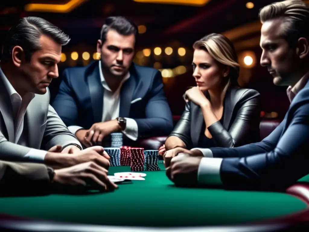 Un grupo de jugadores profesionales de póker en una mesa lujosa, mostrando estrategias avanzadas de planificación de mesa con intensa concentración y tensión en el aire.