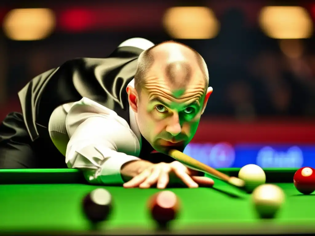Barry Hawkins mostrando habilidad élite en el snooker, con concentración y precisión en un ambiente competitivo.