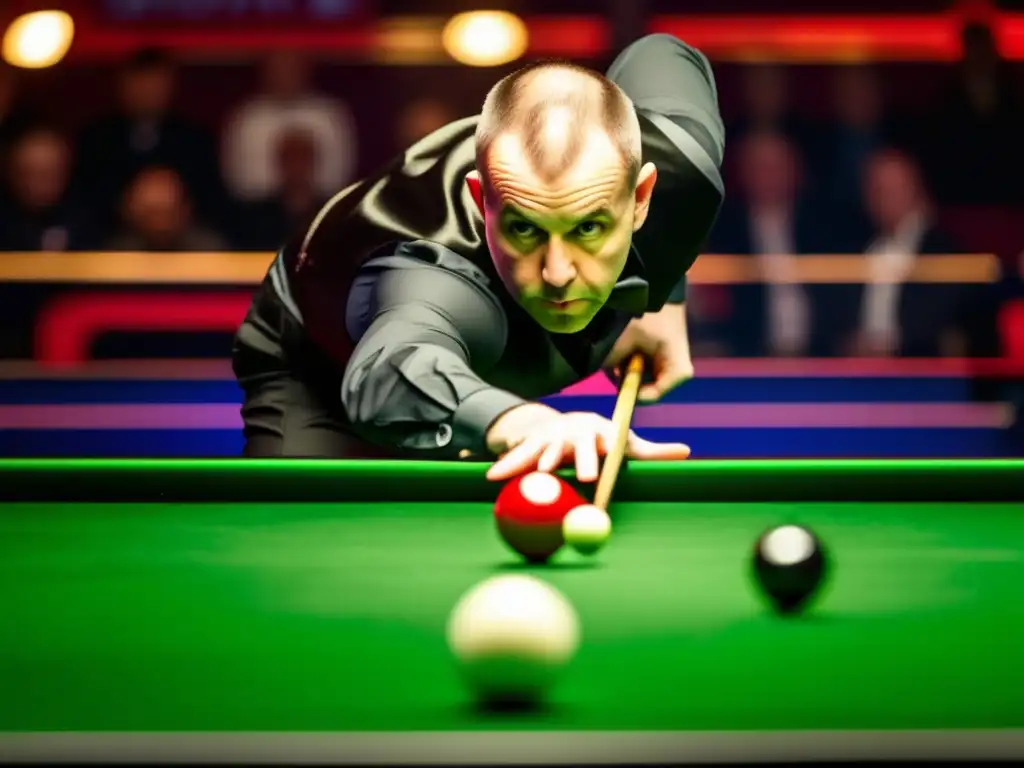 Barry Hawkins muestra su habilidad élite en snooker, concentrado en el torneo profesional. La atmósfera es intensa y dinámica.