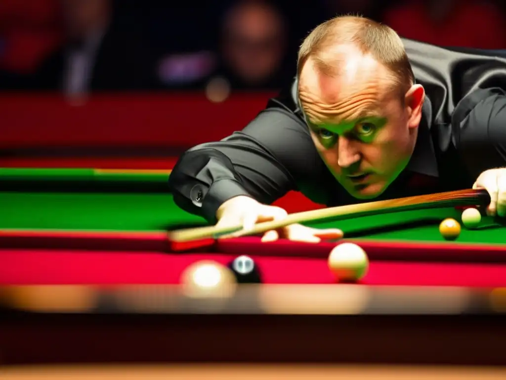 Graeme Dott muestra carácter y determinación en un intenso partido de snooker, con el ambiente tenso y el público de fondo.