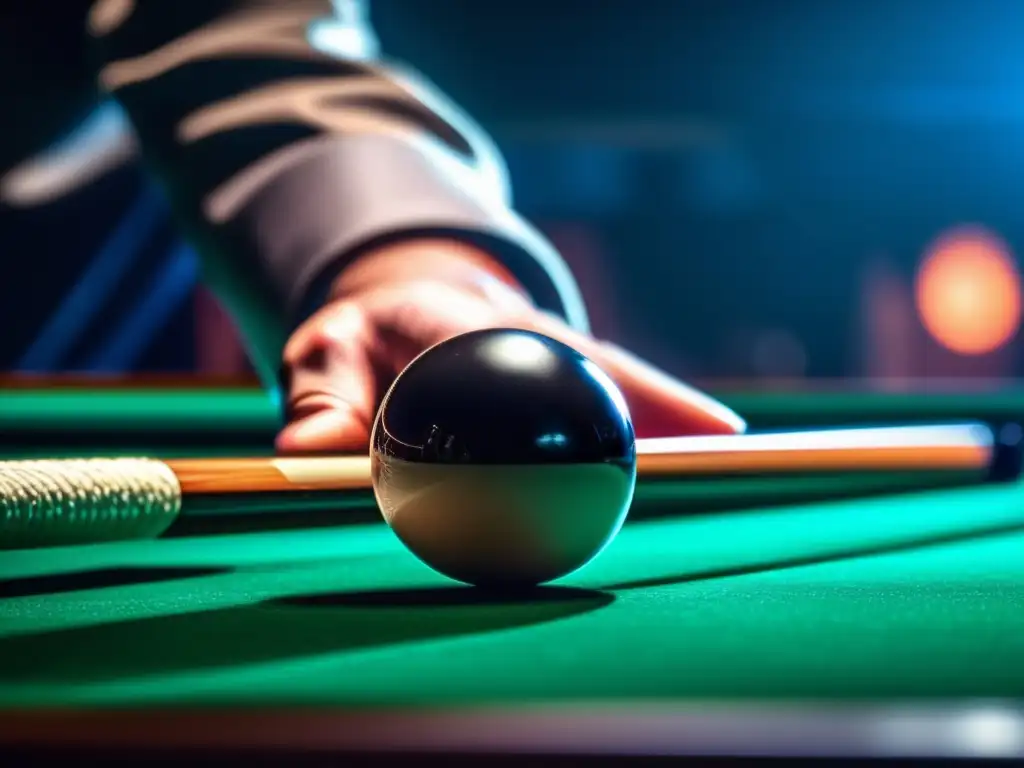 Un jugador de billar concentrado, con detalles de técnica y fuerza en su agarre. La tensión se siente en el aire.