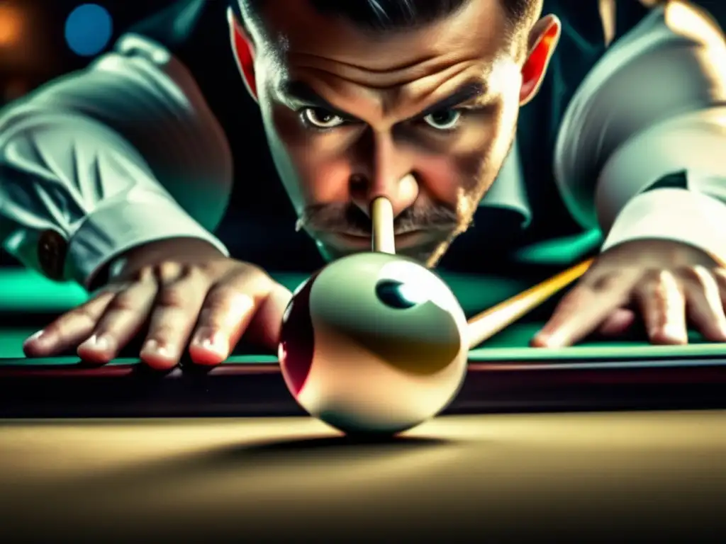Maestría en billar: precisión y concentración en cada jugada Un jugador de billar enfocado en la táctica para desmontar la mesa de pool, con detalles intrincados y expresión concentrada.