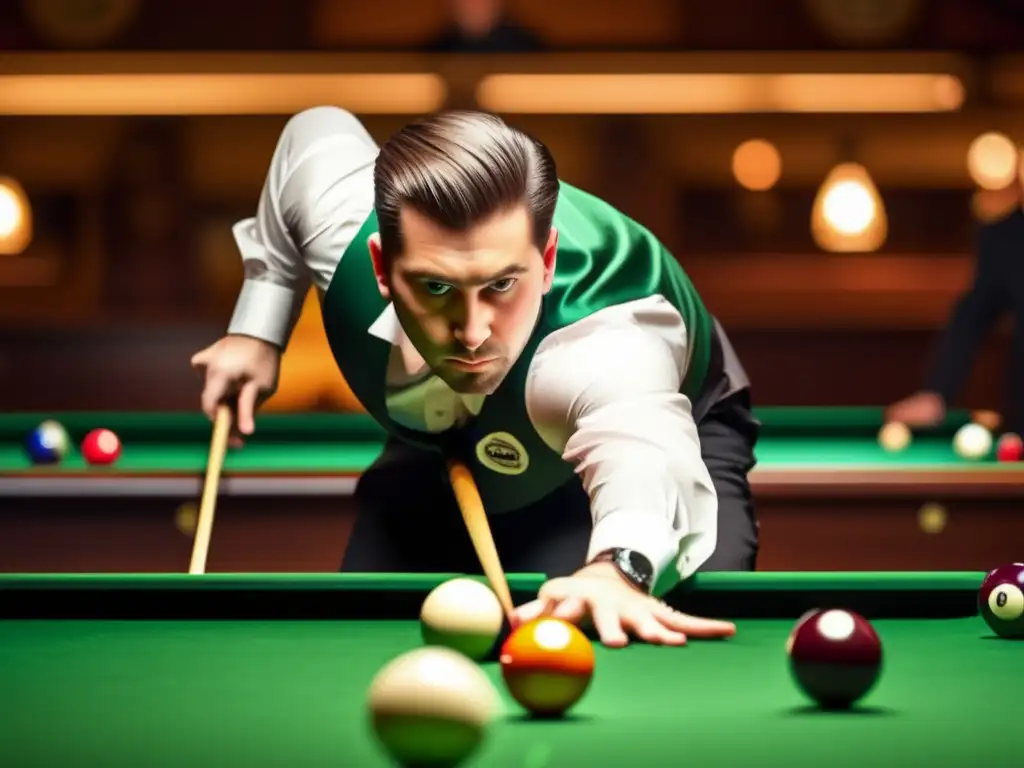 Maestría en Billar: Jugada Posicional de Alto Nivel Un jugador de billar profesional demuestra claves avanzadas en competición, concentrado en una estratégica jugada en un cálido salón de billar.