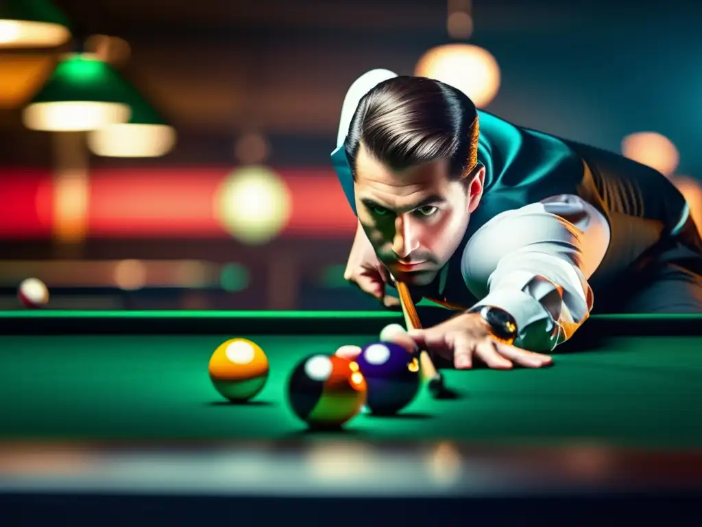 Maestría en Billar: Precisión y Determinación en Acción Un jugador de billar profesional ejecuta una compleja jugada con precisión y determinación. La imagen exuda maestría y destreza, capturando la esencia de las claves avanzadas del billar de competición.