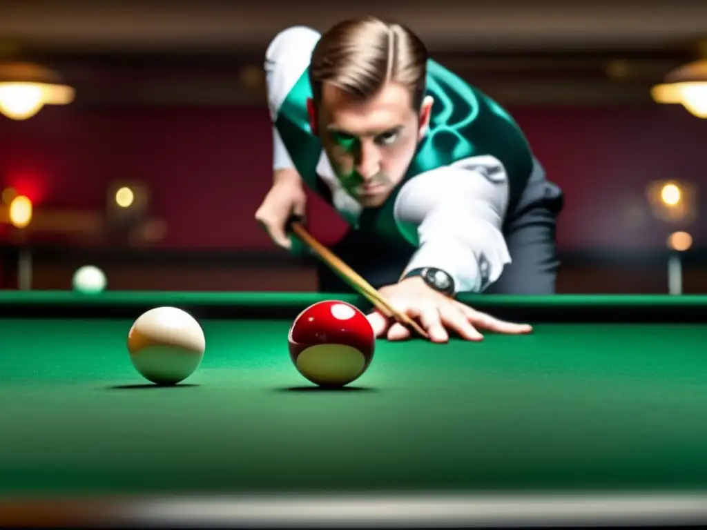 Maestro del billar: Concentración y destreza en la mesa Un jugador de billar profesional se concentra en un complicado tiro, con una postura segura y confiada. <b>La disposición estratégica de las bolas en la mesa destaca la habilidad del jugador.</b> La iluminación natural realza los detalles de los mejores tacos de billar, creando una imagen cautivadora y llena