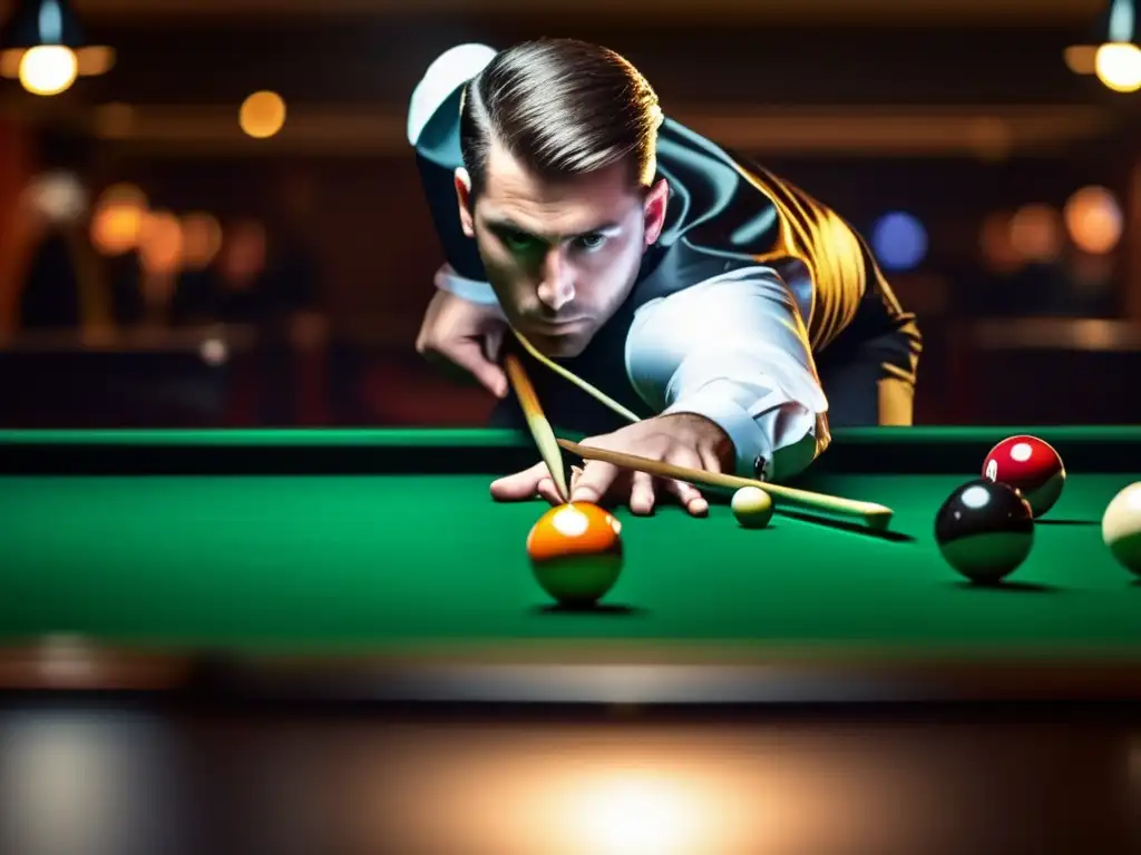 Un jugador de billar profesional, concentrado y determinado, maneja la presión en un torneo, mientras la multitud observa expectante.