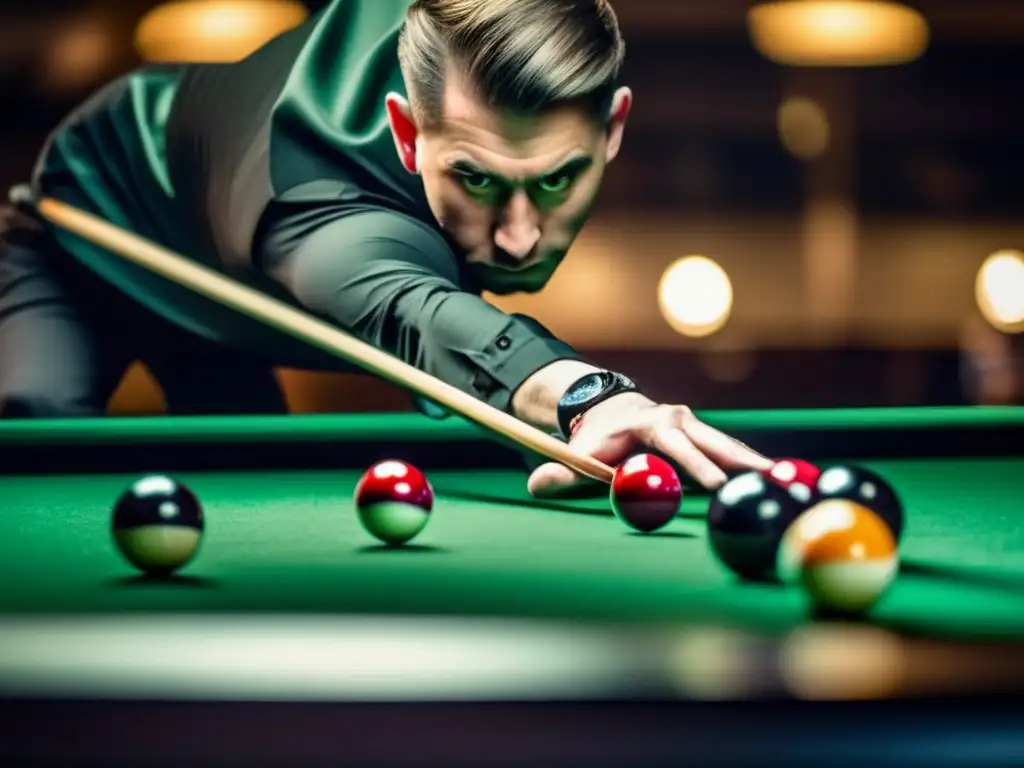 Un jugador de billar profesional, concentrado en su rutina mental para triunfar en el billar, mientras se prepara para un tiro preciso en la mesa.