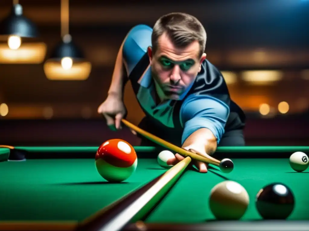 Maestría en billar: Concentración y precisión en cada disparo Un jugador de billar profesional, concentrado y preciso, desmonta la táctica en una mesa de pool.