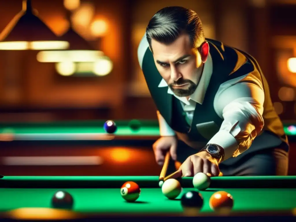 Maestro del billar elige con determinación su taco ideal Un jugador de billar profesional elige con cuidado entre los mejores tacos de billar, rodeado de una atmósfera intensa y determinada.