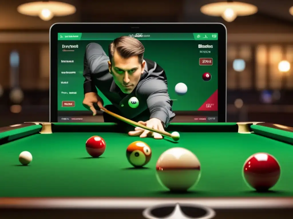 Un jugador de billar profesional enfocado, usando una app de Billar con IA para analizar sus tiros, con bolas y datos en pantalla.