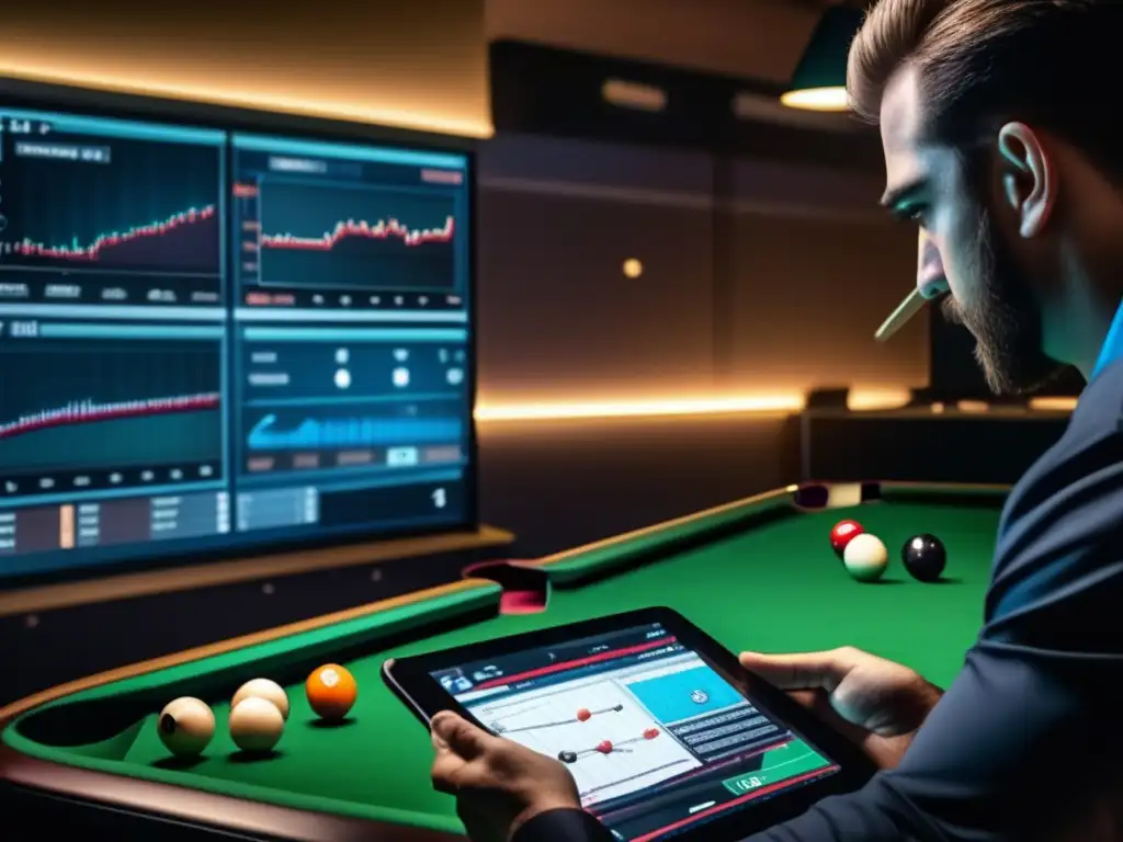 Jugador de billar analiza datos en tablet Un jugador de billar profesional analiza estadísticas para mejorar su tiro en una sala de entrenamiento con tecnología avanzada.