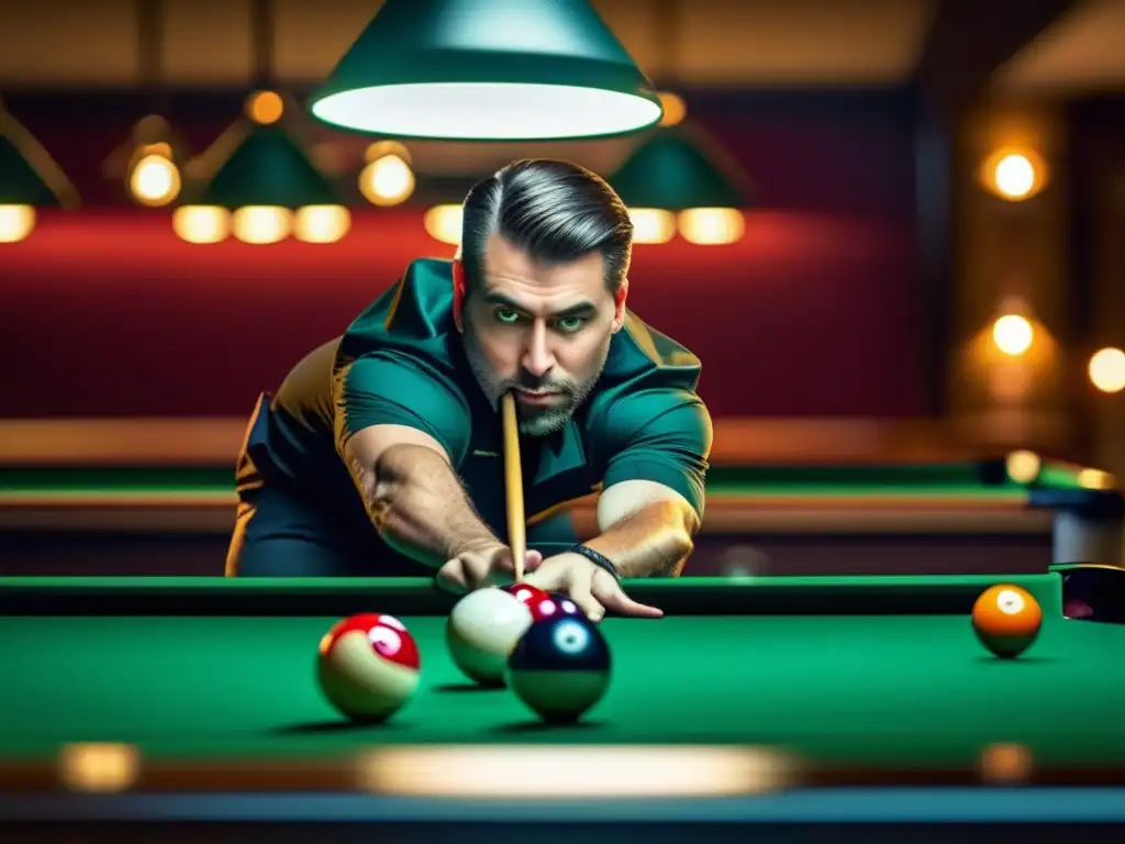 Un jugador de billar profesional concentra su mirada en la mesa, realizando ejercicios de precisión para mejorar su puntería en el billar.