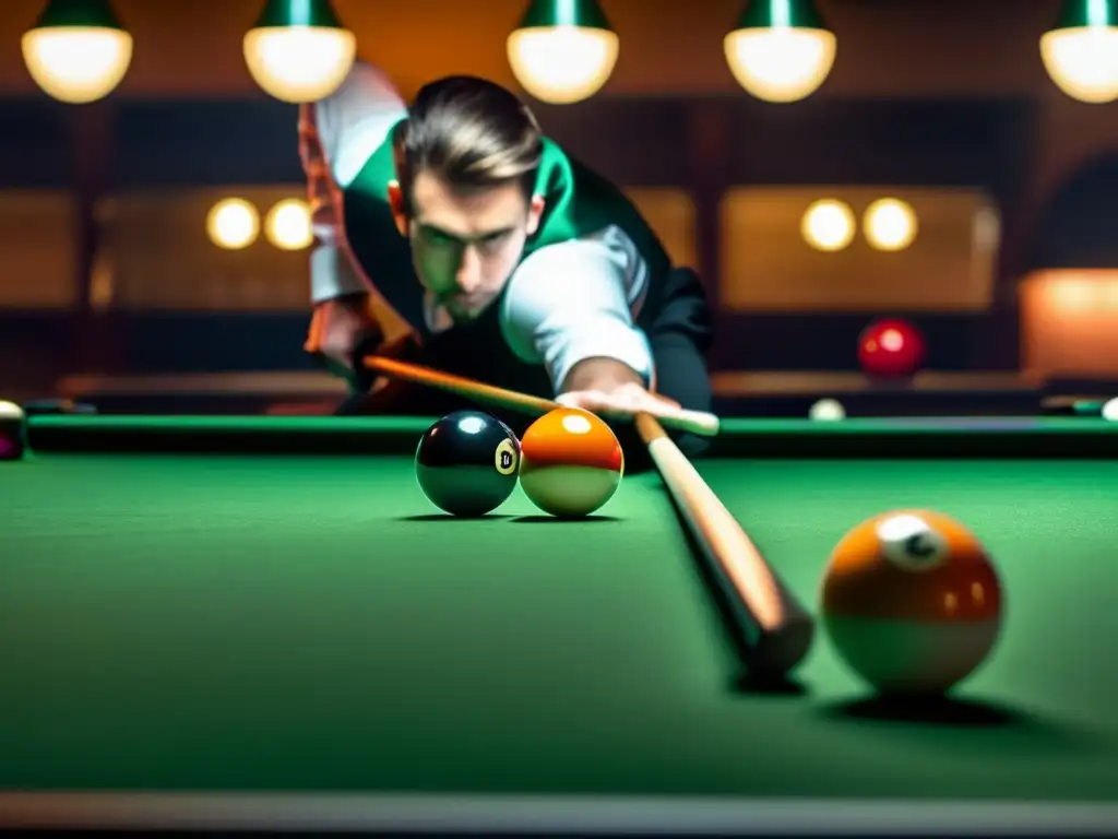 Maestría en Billar: Concentración Total del Jugador Profesional Un jugador de billar profesional concentra su mirada en el juego, alineando estrategias para dominar el juego de billar de 9 bolas.