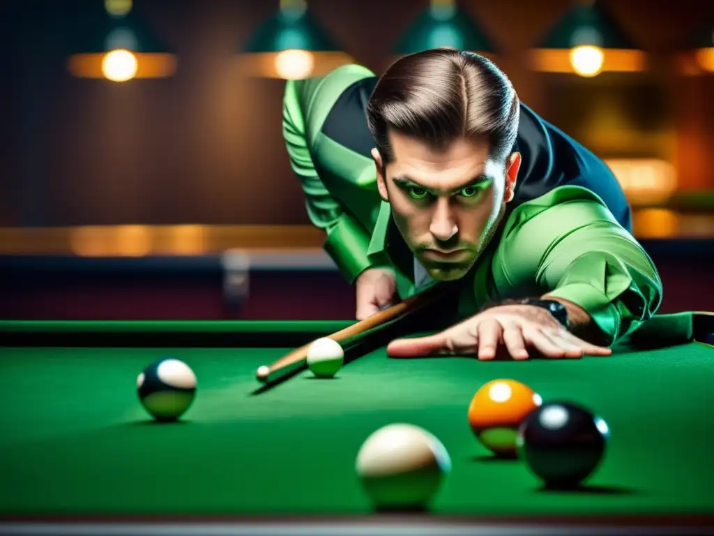 Un jugador de billar profesional maneja la presión con determinación y precisión en un torneo.