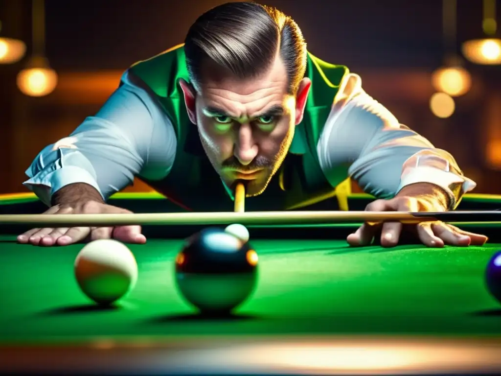 Un jugador de billar profesional muestra determinación al manejar la presión en un torneo, concentrado en una difícil jugada.