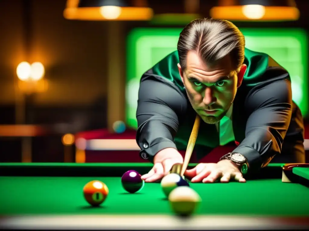 Un jugador de billar profesional maneja la presión en un torneo, con sudor en la frente y concentración en los ojos, en un ambiente tenso y dramático.