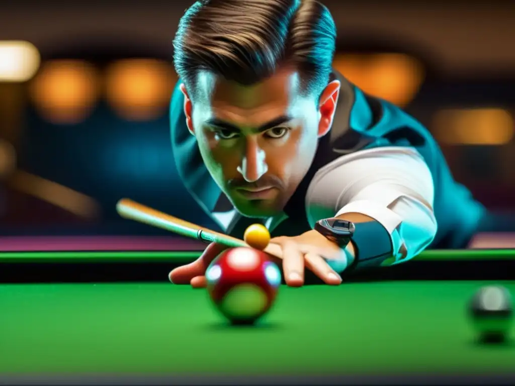 Avanzada tecnología de taco con sensores para billar: precisión en acción Un jugador de billar utiliza un taco con sensores integrados para mejorar su precisión. La tecnología avanzada se fusiona con la concentración del jugador, mostrando el potencial de los tacos con sensores integrados en el billar.