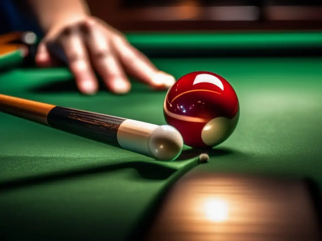 Maestría en billar: precisión y concentración en acción Un jugador de billar se prepara con táctica para desmontar la mesa, mostrando concentración y precisión en sus manos y en la bola de billar.