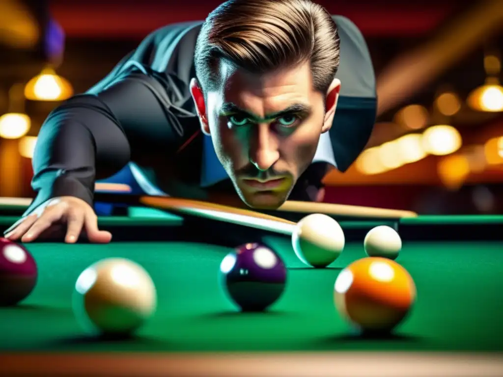 Un jugador profesional de billar americano concentra su mirada en la bola, mostrando confianza y habilidad. <b>La composición dinámica se completa con una mesa de billar y bolas coloridas de fondo.</b> <b>¡Guía completa para jugar billar americano!