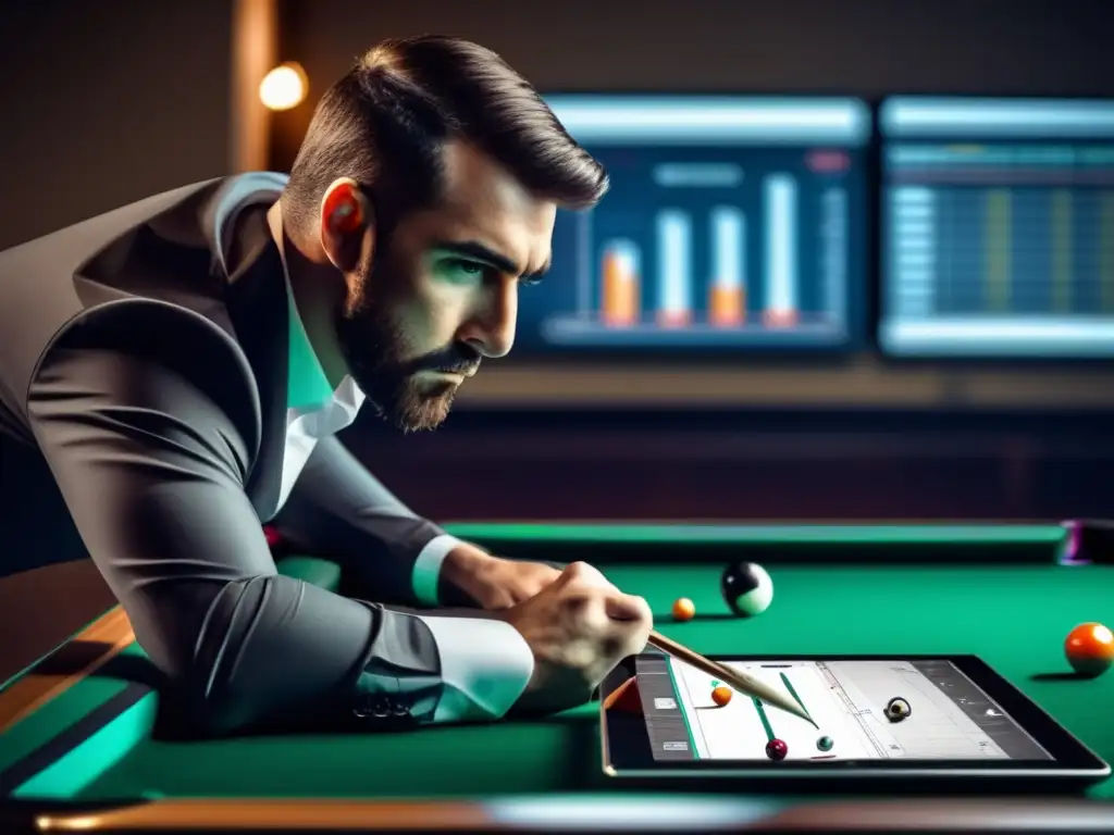 Jugador profesional de billar analizando datos con tecnología