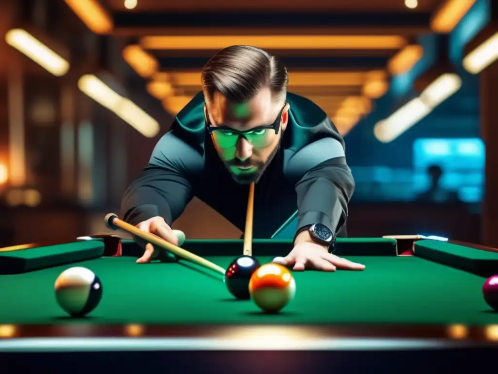 Maestría tecnológica en billar: análisis estratégico Un jugador profesional de billar mejora su estrategia utilizando herramientas tecnológicas, fusionando tradición e innovación.
