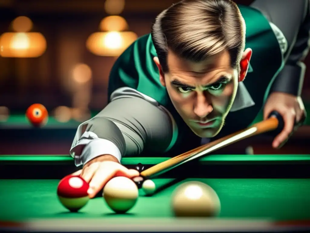 Maestro del billar: precisión y concentración en acción Un jugador profesional de billar se concentra en una estrategia avanzada, rodeado de equipo de billar.