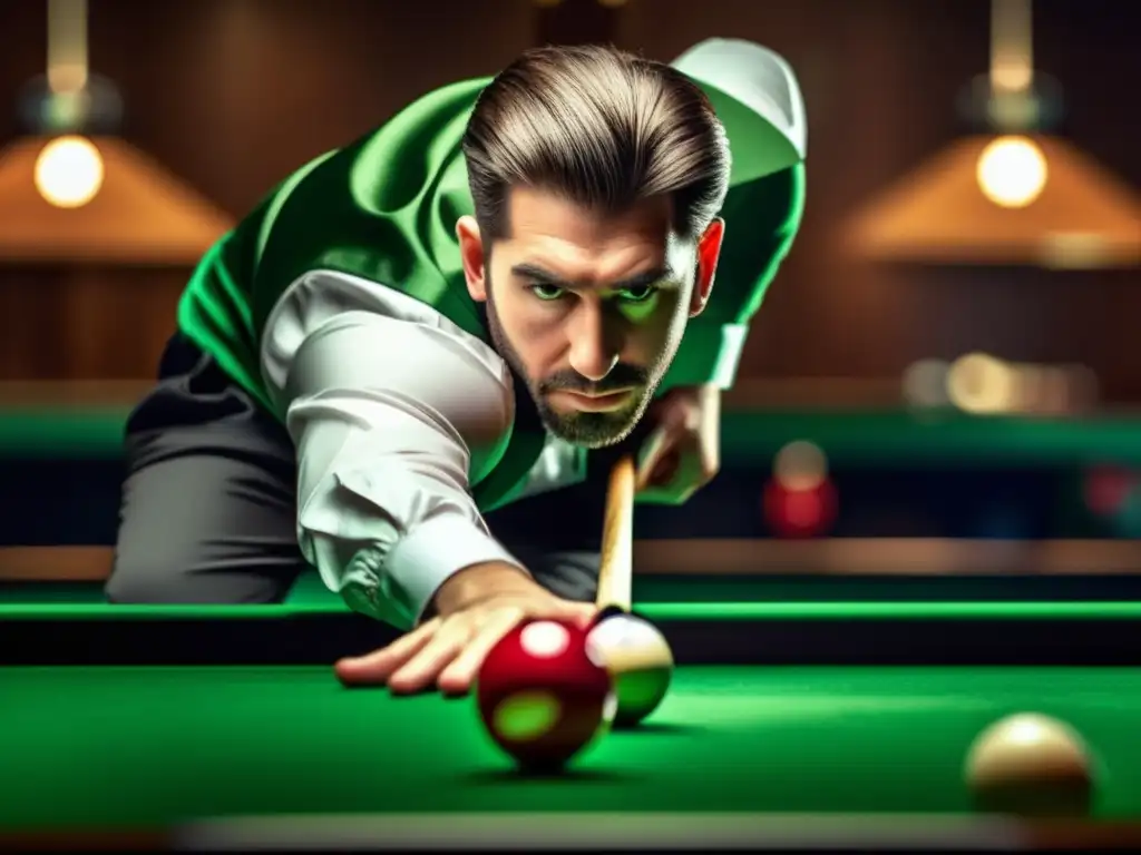 Maestría en billar: precisión y concentración Un jugador profesional de billar se concentra con determinación en una estrategia avanzada, listo para el siguiente movimiento.