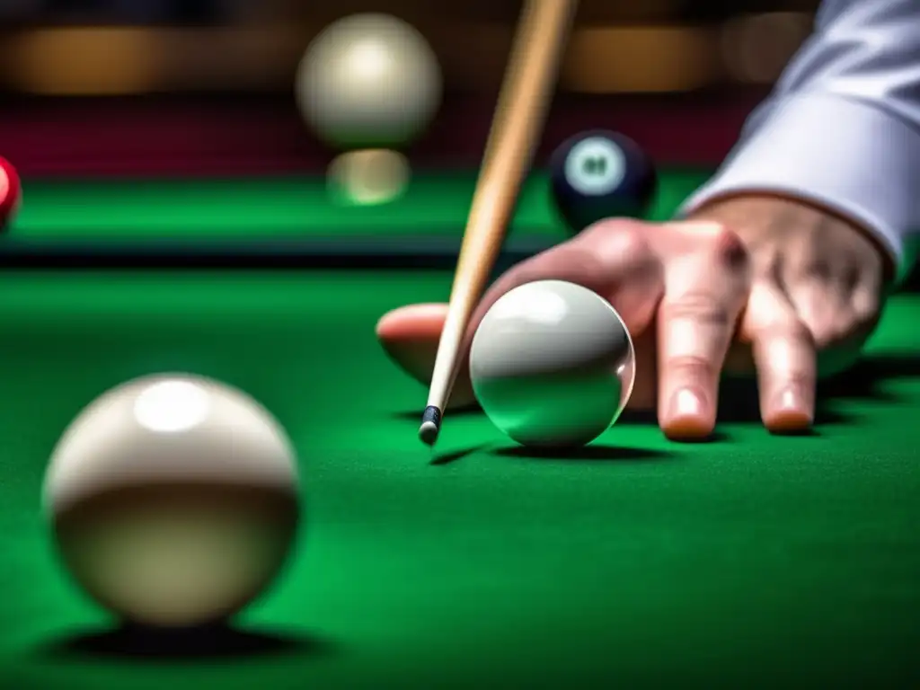 Maestría en billar: manos expertas en acción Un jugador profesional de billar se concentra en ejecutar estrategias avanzadas, mostrando su habilidad y precisión en la mesa de fieltro verde.
