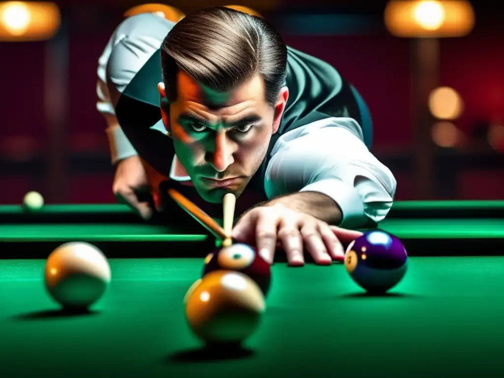 Un jugador profesional de billar se concentra intensamente, listo para ejecutar patrones de tiro efectivos en una mesa perfectamente iluminada.