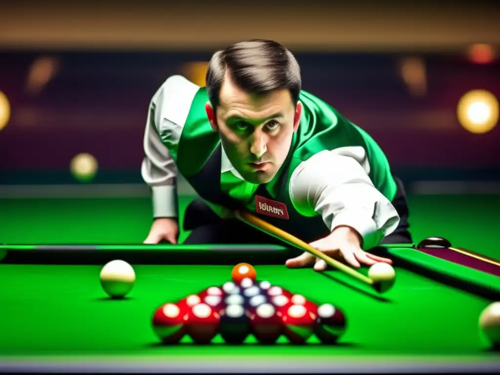 Un jugador de snooker profesional muestra técnicas para expandir opciones de juego, con intensa concentración y dominio, en una mesa verde vibrante.