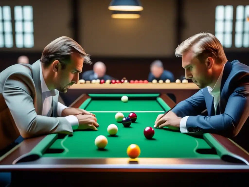 Dos jugadores de balkline compiten en una partida tensa, mostrando concentración y estrategias de juego en balkline.