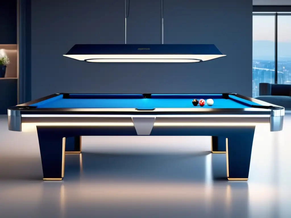 Una mesa de billar de diseño tecnológico y vanguardista, con luces LED resaltando sus líneas minimalistas en un ambiente sofisticado y moderno. <b>Superficie de fieltro azul profundo y materiales de alta tecnología como fibra de carbono y vidrio templado.</b> Mesas de billar diseño tecnología