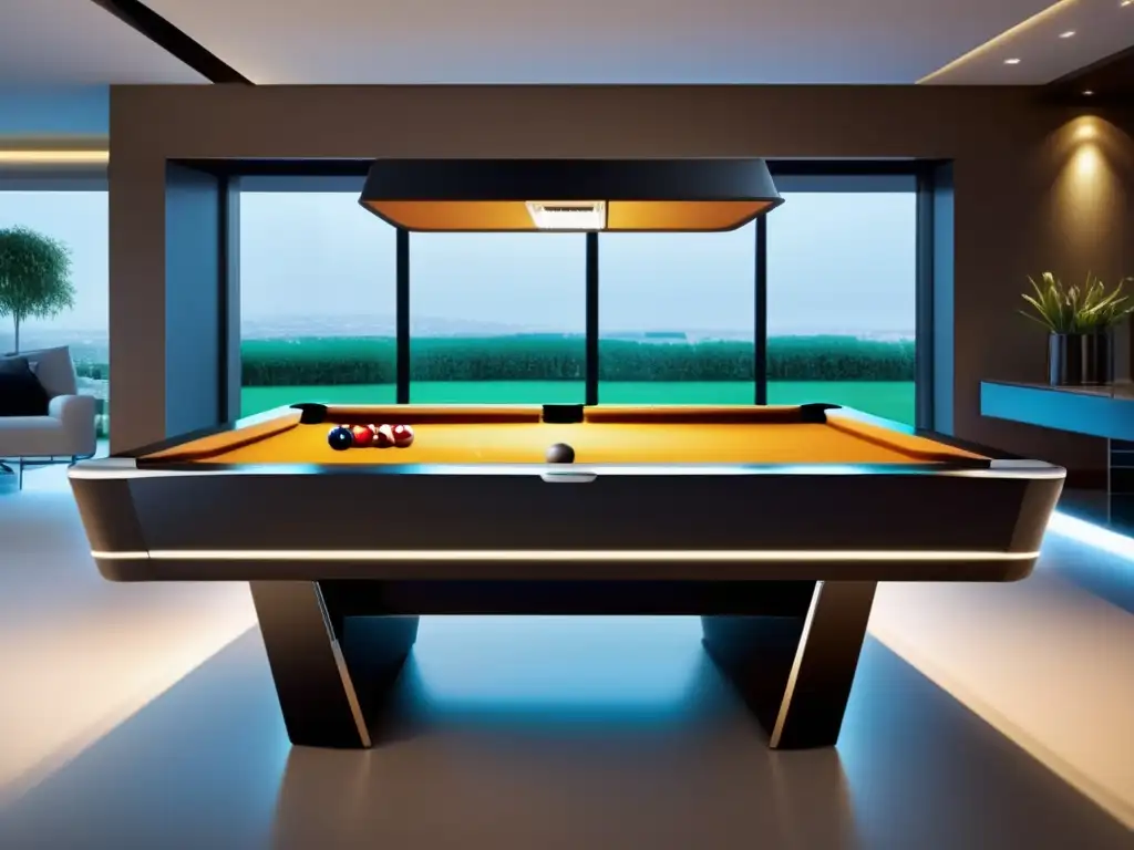 Una mesa de billar de diseño tecnológico, con LED, sistema de puntuación digital y retorno de bola integrado, en un entorno contemporáneo de lujo.