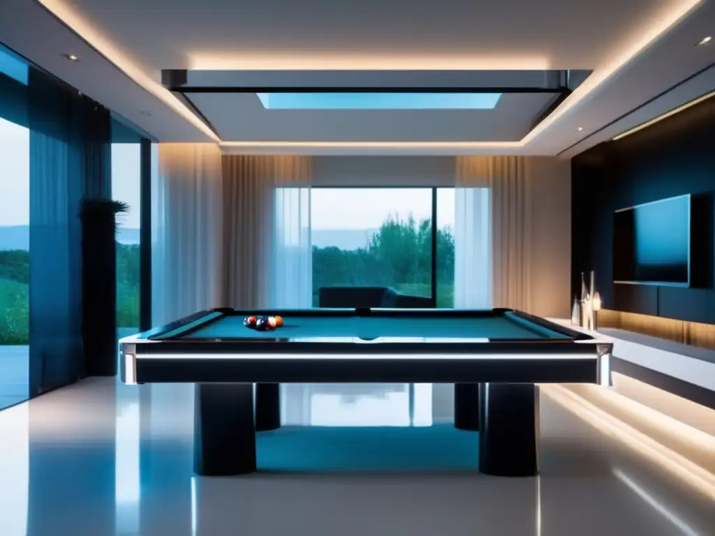 Una mesa de billar de diseño tecnológico, elegante y moderna, con iluminación LED integrada y un ambiente de lujo y sofisticación.