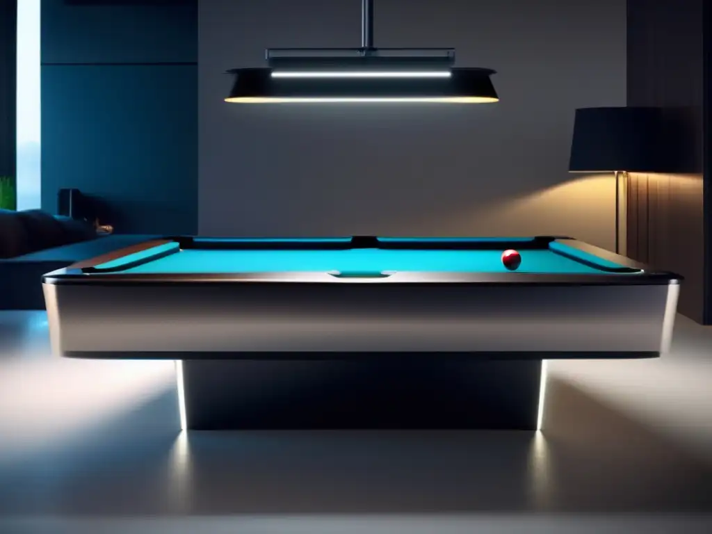 Una mesa de billar de diseño tecnológico, fusionando elegancia y funcionalidad con iluminación LED futurista.