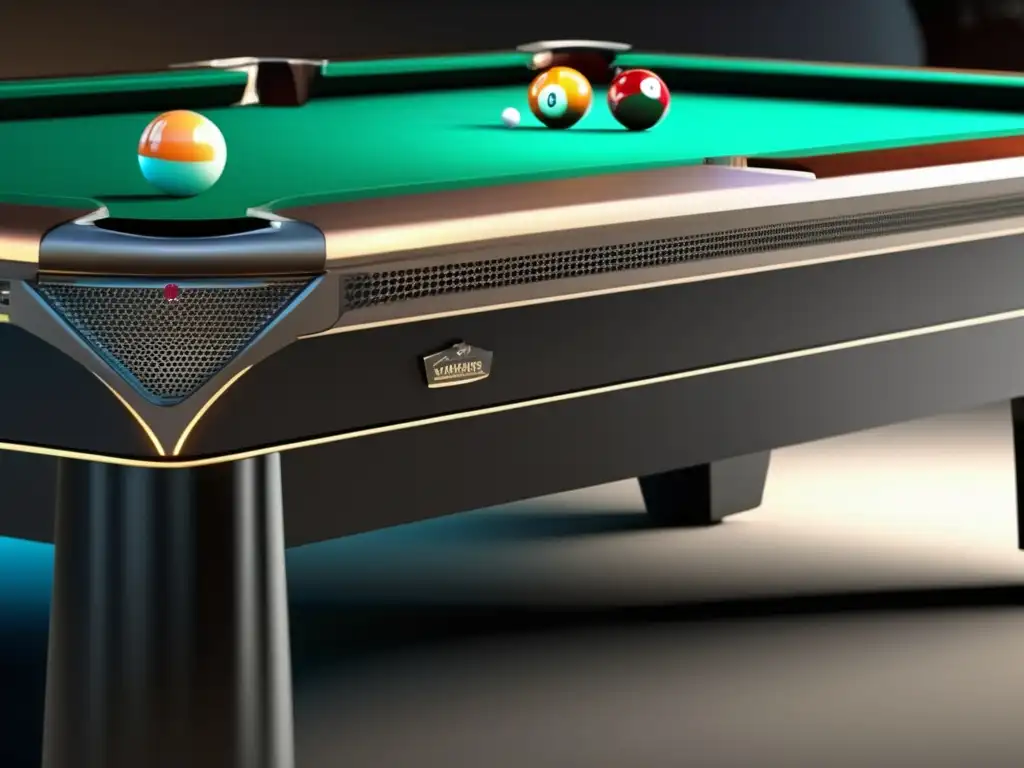 Una mesa de billar HighTech con diseño futurista y superficie de alta precisión, resaltando materiales avanzados y tecnología de vanguardia.