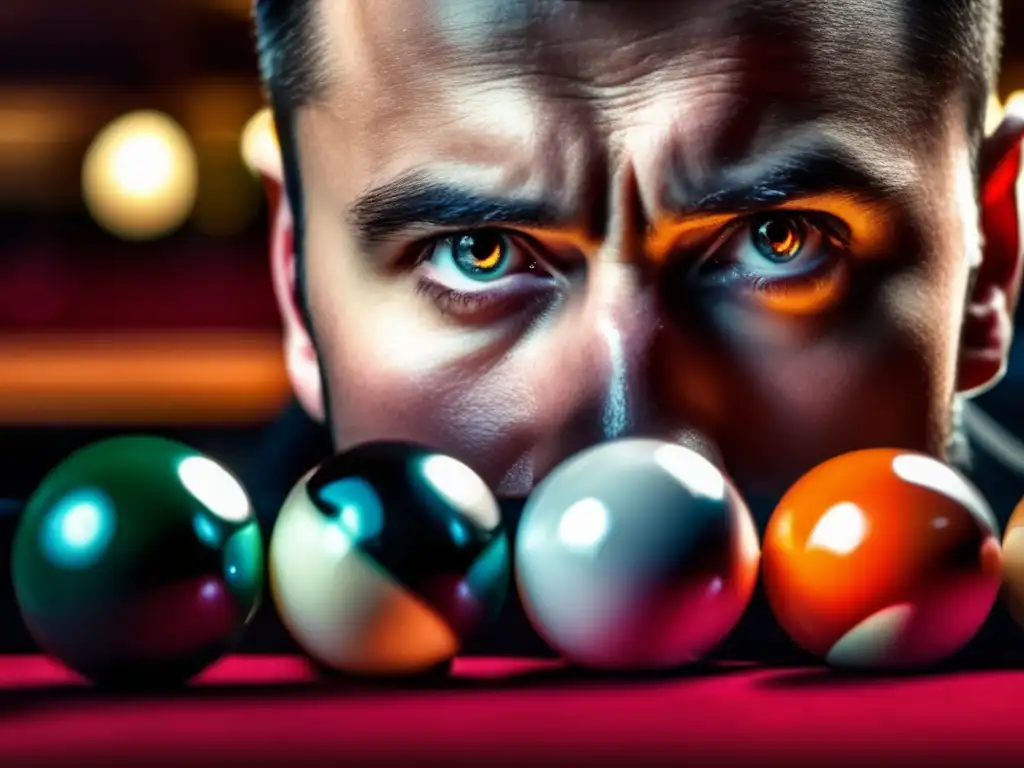 Mirada concentrada del jugador de billar en acción La mirada concentrada de un jugador de billar, con determinación y tácticas mentales para desestabilizar al oponente, reflejadas en sus ojos.