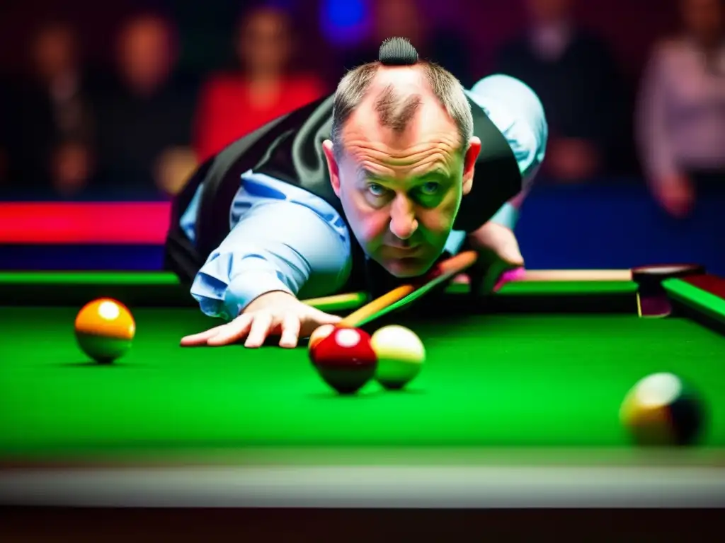El bicampeón mundial de snooker, Mark Williams, muestra su estilo relajado y determinado en una escena de alta intensidad en la mesa de billar.