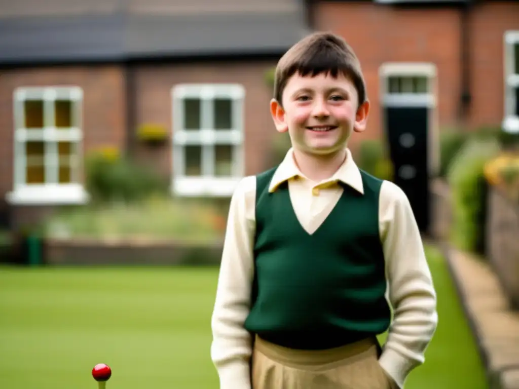 Jimmy White, un niño de seis años, sonríe mientras sostiene un pequeño taco de billar frente a casas antiguas. La luz del sol crea una atmósfera nostálgica y llena de potencial, capturando la historia de su talento natural.