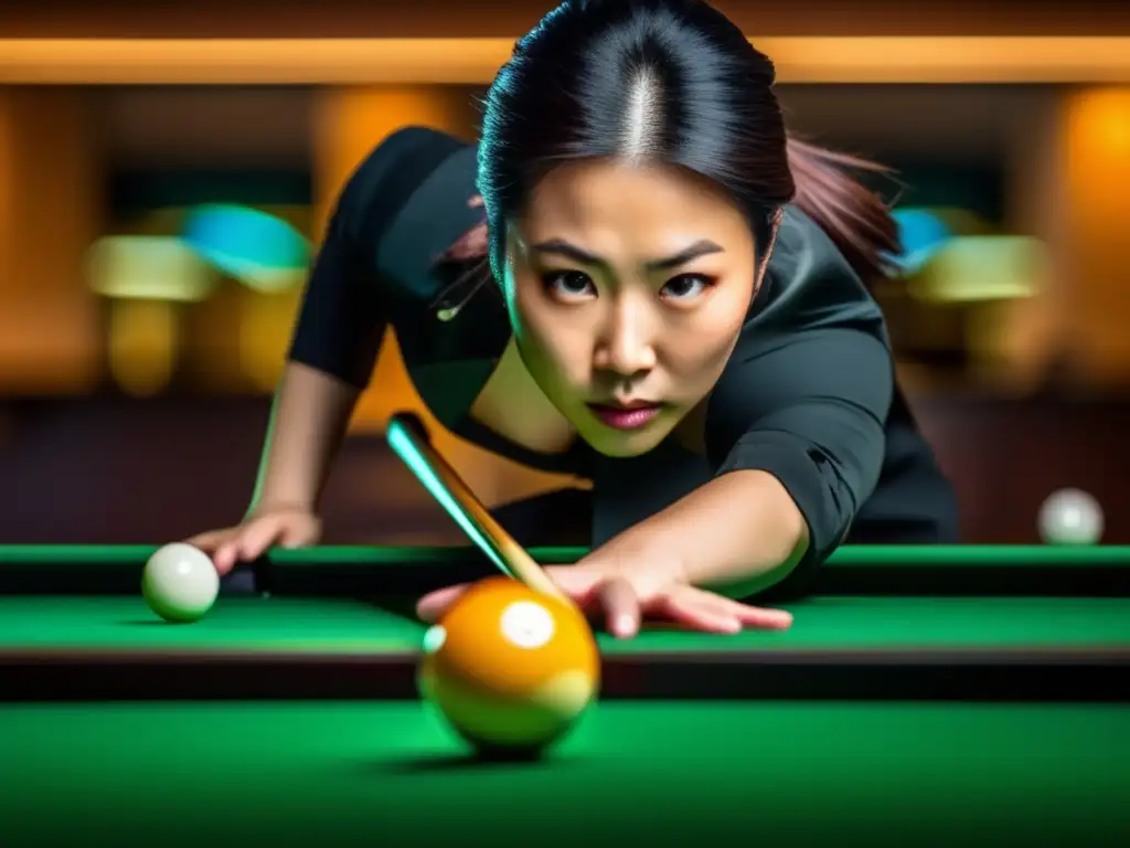 Ga Young Kim, concentrada en una partida de billar americano, destaca la intensidad del juego.