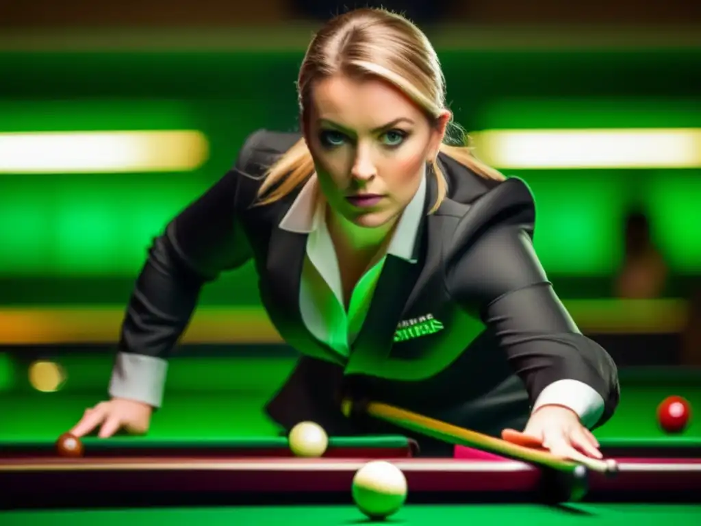 Reanne Evans: Determinación en el Snooker Reanne Evans, la campeona de snooker femenino, muestra determinación en el tapete verde mientras sostiene su taco con confianza.