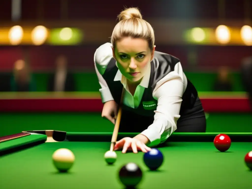 Reanne Evans: Pionera del Snooker Reanne Evans, pionera del snooker femenino, muestra determinación y destreza en la mesa verde.