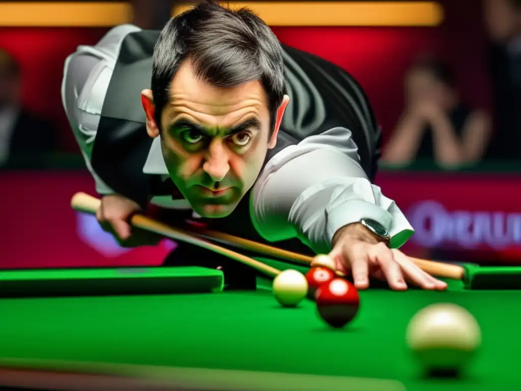 Ronnie O'Sullivan concentrado en el snooker, con detalles intensos y atmósfera tensa. Refleja el reinado mundial del snooker.